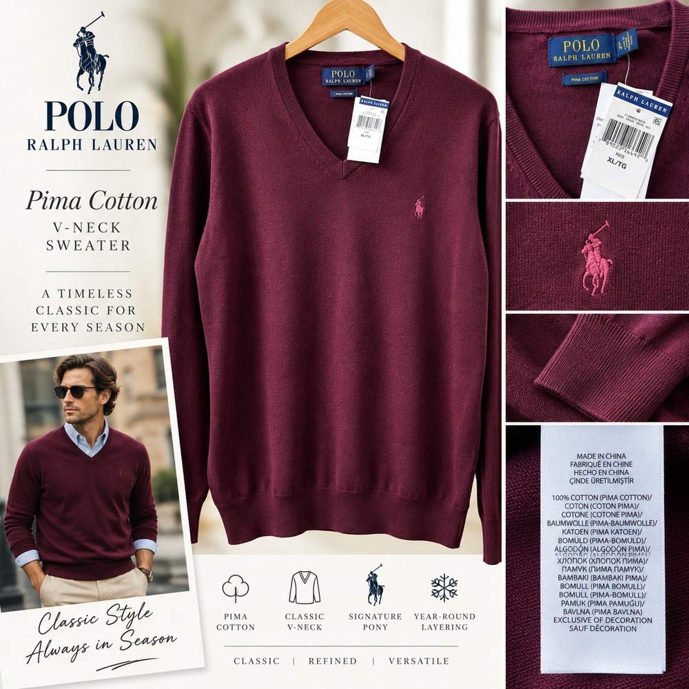 Polo Ralph Lauren Mens XL Pima Cotton V Neck Sweater Burgundy Wine Red NWT